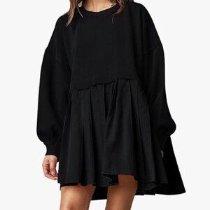 Dokuritu Sweatshirt Dress Women Crew Neck Long Sleeve Patchwork Pullover Tops Fl